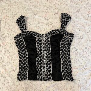 Y2k Bebe Babydoll Corset Silk Top Blouse Ruched Black and White